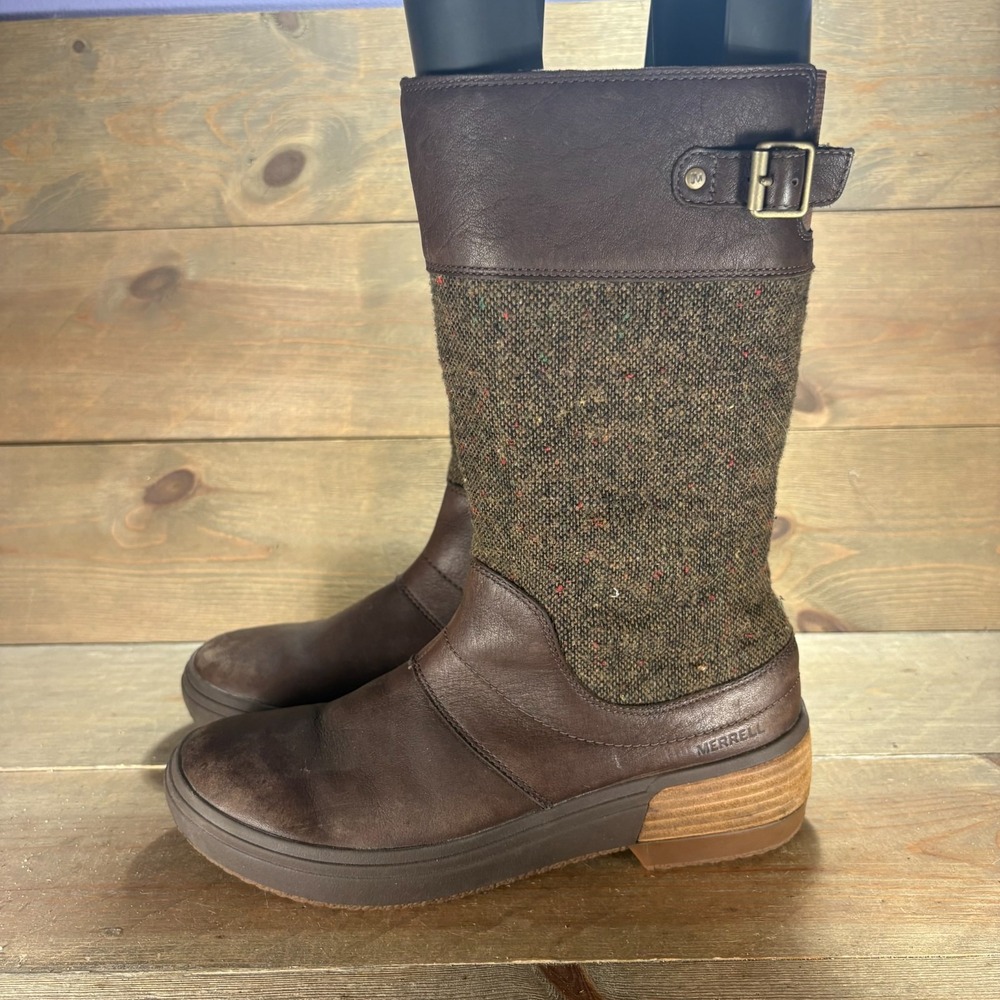 Merrell Haven Tall Womens size 9 shoes Brown Waterproof Buckle Tweed Snow Boots
